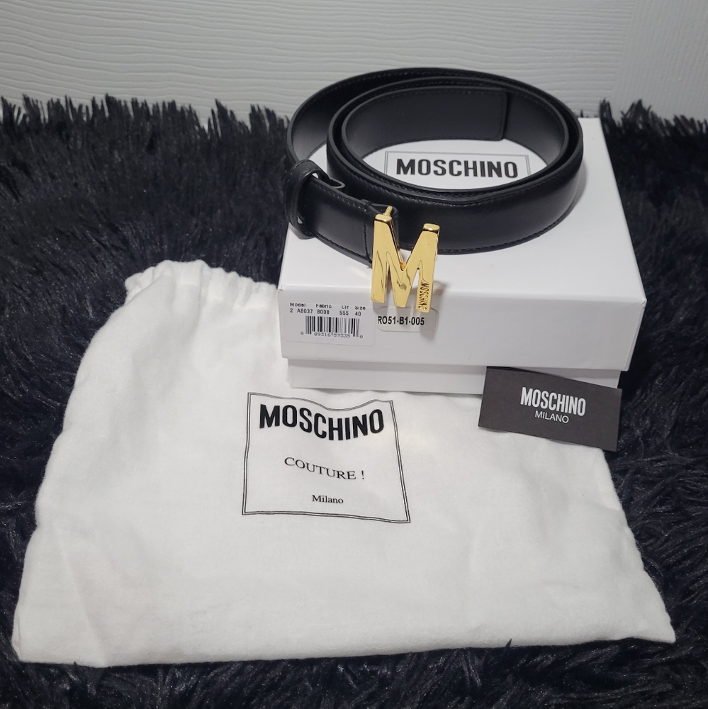 Moschino Black Belt with Gold M Buckle